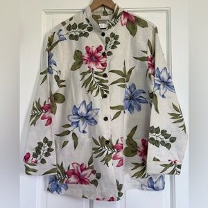 Coldwater Creek Linen Blend Mandarin Collar Shirt Jacket Botanical Cottagecore M